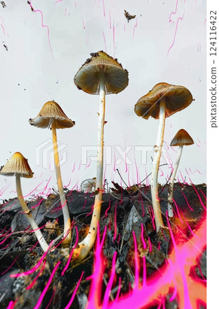 Funky Psilocybin Mushroom Scene with Neon Pink Accents for Psychedelic 90s Design 124116422