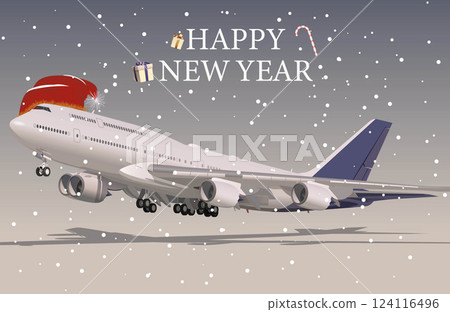 An airplane wearing a Santa Claus hat against the backdrop of falling snow. Vector. 124116496