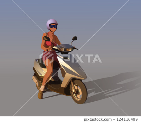 A girl in a helmet sits on a scooter. Vector. 124116499