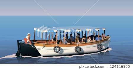 A boat with tourists sails on the sea. Vector. 124116500