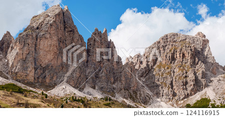 Majestic mountain range with rocky peaks and blue sky near Valley of Funes at Dolomites, Italy Majestic mountain range with rocky peaks and blue sky near Valley of Funes at Dolomites, Italy 124116915