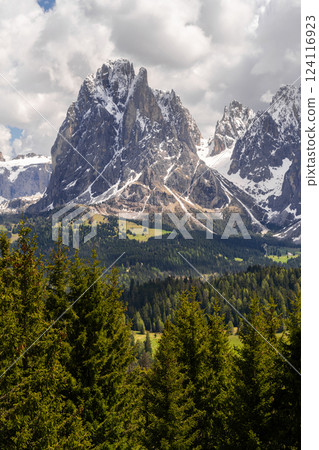 Majestic mountain landscape with snowy peaks and lush forests on a cloudy day near Valley of Funes at Dolomites, Italy Majestic mountain landscape with snowy peaks and lush forests on a cloudy day near Valley of Funes at Dolomites, Italy 124116923