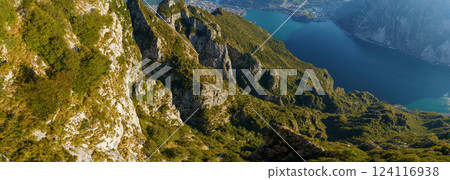 Panoramic view of lakes and surrounding mountains near town of Lecco 124116938