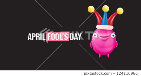 April Fools day funky horizontal banner with silly pink clown monster character isolated on black background. 1 st april fool day banner, poster, label, flyer and greeting card. Fool day print April Fools day funky horizontal banner with silly pink clown monster character isolated on black background. 1 st april fool day banner, poster, label, flyer and greeting card. Fool day print 124116966