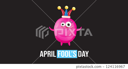 April Fools day funky horizontal banner with silly pink clown monster character isolated on black background. 1 st april fool day banner, poster, label, flyer and greeting card. Fool day print April Fools day funky horizontal banner with silly pink clown monster character isolated on black background. 1 st april fool day banner, poster, label, flyer and greeting card. Fool day print 124116967