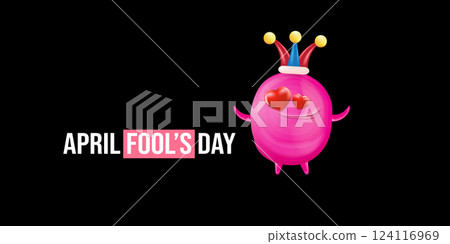 April Fools day funky horizontal banner with silly pink clown monster character isolated on black background. 1 st april fool day banner, poster, label, flyer and greeting card. Fool day print April Fools day funky horizontal banner with silly pink clown monster character isolated on black background. 1 st april fool day banner, poster, label, flyer and greeting card. Fool day print 124116969