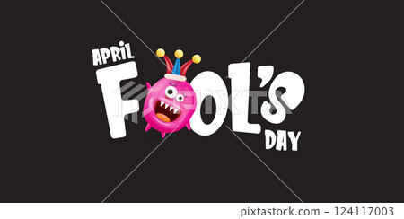 April Fools day funky horizontal banner with silly pink clown monster character isolated on black background. 1 st april fool day banner, poster, label, flyer and greeting card. Fool day print April Fools day funky horizontal banner with silly pink clown monster character isolated on black background. 1 st april fool day banner, poster, label, flyer and greeting card. Fool day print 124117003