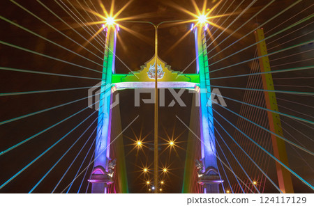 Stunning scenery of Thotsamarachan Bridge or King Rama X Bridge crossing Chao phraya river with evening sky. Stunning scenery of Thotsamarachan Bridge or King Rama X Bridge crossing Chao phraya river with evening sky. 124117129