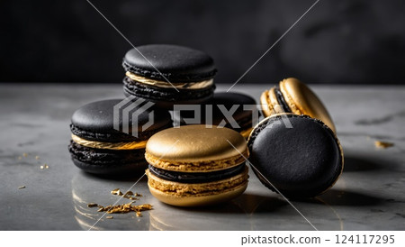 Black and Gold Macarons on Textured Gray Surface Black and Gold Macarons on Textured Gray Surface 124117295