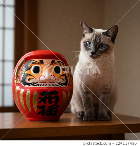 Siamese cat and Daruma 124117450