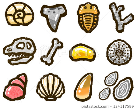 A set of doodle-style illustrations of various types of fossils 124117599