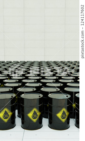 Stockroom Of The Black Oil Barrels, 3D illustration Background for advertising and wallpaper in industry and energy scene. 3D rendering in decorative concept. 124117602
