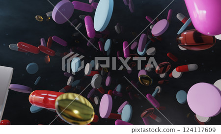Flying Pills In Night Light, 3D illustration Background for advertising and wallpaper in beauty and medical scene. 3D rendering in decorative concept. Flying Pills In Night Light, 3D illustration Background for advertising and wallpaper in beauty and medical scene. 3D rendering in decorative concept. 124117609