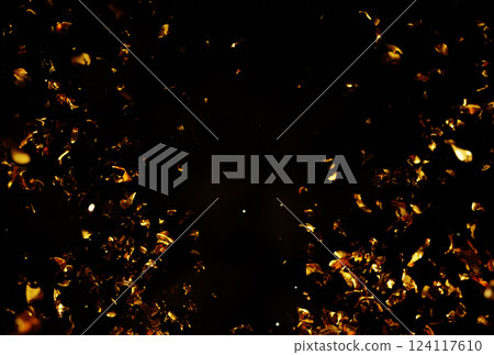 Gold Sheet Was Torn Into Pieces And Floated In The Air, 3D illustration Background for advertising and wallpaper in business and mining scene. 3D rendering in decorative concept. Gold Sheet Was Torn Into Pieces And Floated In The Air, 3D illustration Background for advertising and wallpaper in business and mining scene. 3D rendering in decorative concept. 124117610