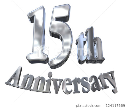 3DCG 字母“15 週年/15 週年紀念標誌閃光”銀色，銀色 124117669