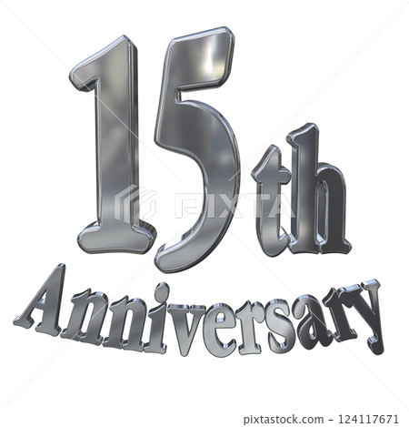 3DCG 字母“15 週年/15 週年紀念標誌閃光”銀色，銀色 124117671