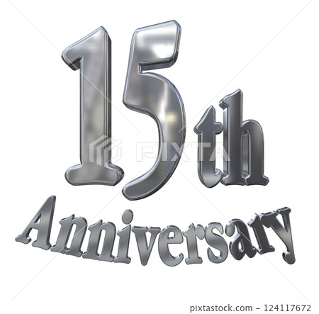 3DCG 字母“15 週年/15 週年紀念標誌閃光”銀色，銀色 124117672