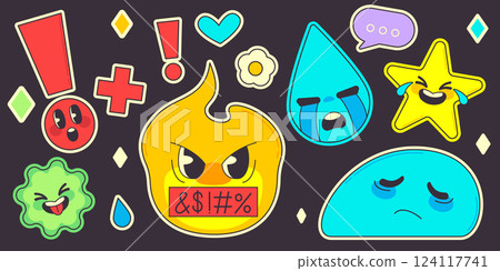 Sad emoji stickers set isolated on black 124117741