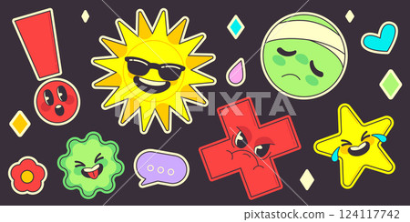 Groovy retro smile stickers vector set 124117742