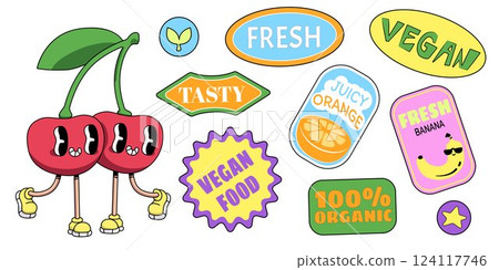 Retro fruit stickers set isolated on white 124117746