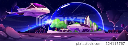 Futuristic city under glass dome on alien planet Futuristic city under glass dome on alien planet 124117767