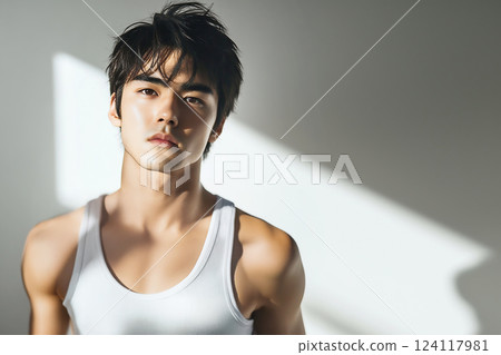 A summer sunlit room and a young man wearing a white tank top A summer sunlit room and a young man wearing a white tank top 124117981