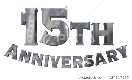 3DCG 字母“15 週年/15 週年紀念標誌閃光”銀色，銀色 124117985