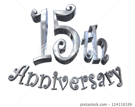 3DCG 字母“15 週年/15 週年紀念標誌閃光”銀色，銀色 124118189