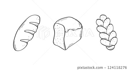 Bread and bakery products. A set of baking doodle icons. isolated on white background. Bread and bakery products. A set of baking doodle icons. isolated on white background. 124118276