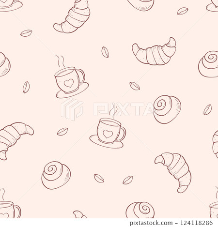 Seamless croissant coffee pattern. Cafe background, delicious fresh bakery. Vector illustration. 124118286