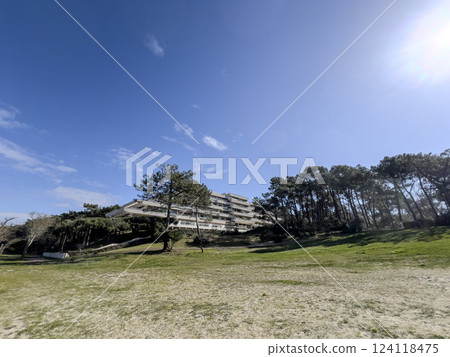 View of a modern residential building set among pine trees near Arcachon Plage Pereire showcasing 124118475