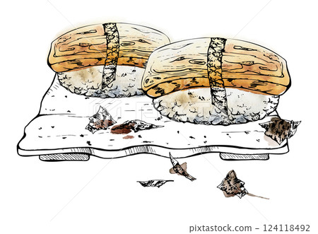 Japanese food nigiri sushi set on ceramic plate with tamagoyaki omelette on rice ball, nori flakes, hand drawn in watercolor and ink. Illustration for restaurant, cafe menu, kitchen print, recipe book Japanese food nigiri sushi set on ceramic plate with tamagoyaki omelette on rice ball, nori flakes, hand drawn in watercolor and ink. Illustration for restaurant, cafe menu, kitchen print, recipe book 124118492