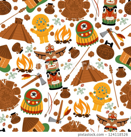 Ancient Mayan civilization items seamless pattern. Ethnic Indian culture. Tiki totem. South American idol. Tomahawk and arrow. Aztecs and Incas tribal architecture. Vector background Ancient Mayan civilization items seamless pattern. Ethnic Indian culture. Tiki totem. South American idol. Tomahawk and arrow. Aztecs and Incas tribal architecture. Vector background 124118526