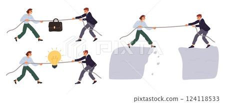 Business competition. Men and women competing against each other. Tug of war. People pulling rope at edge of mountain cliff. Businessman briefcase. Collogues rivalry. Vector concepts set 124118533