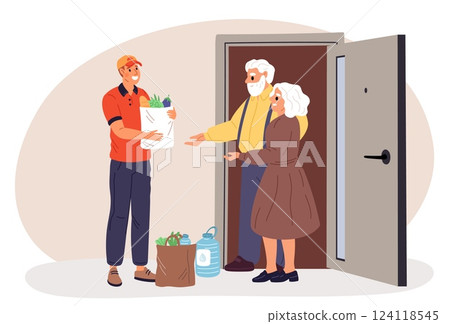 Delivery courier delivered groceries to elderly couple. Ordering products at home. Senior family at door porch. Deliveryman carrying bags with food from supermarket. Vector concept 124118545