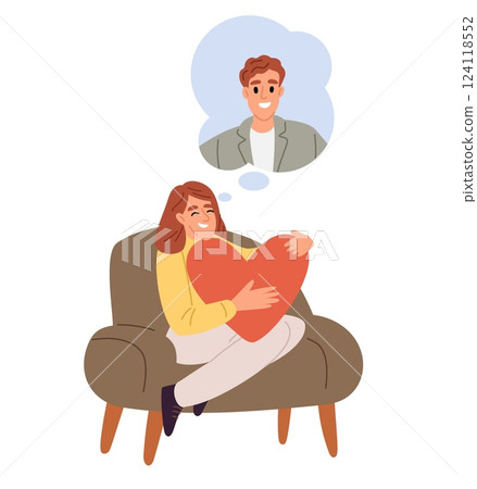 Girl in love hugs heart and thinks her beloved. Romantic relationship. Woman sitting on armchair and dreaming about boyfriend. Romance and passion. Separation of lovers. Vector concept 124118552