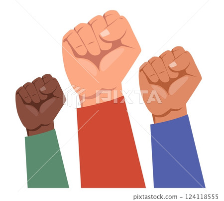 Hands clenched into fists as symbol of protest or struggle. Social movement. Riot gesture. Demonstration and resistance. Fight for solidarity and equality. Raised arm. Vector concept Hands clenched into fists as symbol of protest or struggle. Social movement. Riot gesture. Demonstration and resistance. Fight for solidarity and equality. Raised arm. Vector concept 124118555