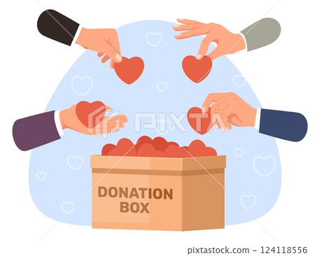 Hands with hearts collect in donation box. Voluntary assistance and generosity donates. Charity contributions. Humanitarian help and volunteers support. Cardboard container. Vector concept 124118556