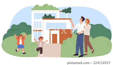 Happy married couple with children walking on lawn of their home yard. Property owner. Real estate for young family. People in front of suburban house. Residential building. Vector concept Happy married couple with children walking on lawn of their home yard. Property owner. Real estate for young family. People in front of suburban house. Residential building. Vector concept 124118557