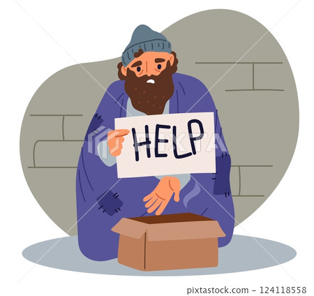 Homeless beggar in dirty clothes sits against wall and begs alms. Roofless and jobless person. Vagabond needing help. Poor guy. Unemployment sad refugee. Vector homelessness concept 124118558