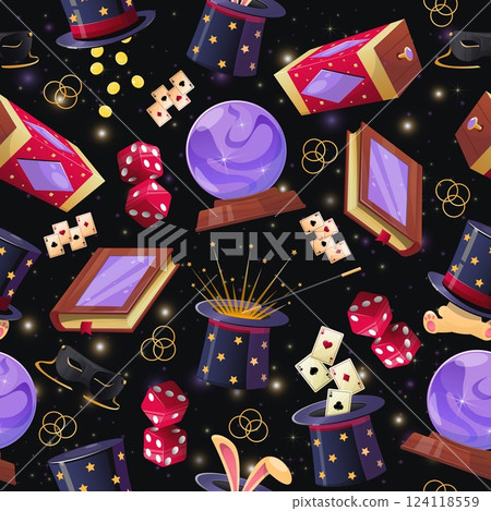 Illusionist items. Magic tricks seamless pattern. Oracle prediction ball. Magician cylinder hat with rabbit ears. Cards and dice. Magical wand. Conjurors spell book. Vector background Illusionist items. Magic tricks seamless pattern. Oracle prediction ball. Magician cylinder hat with rabbit ears. Cards and dice. Magical wand. Conjurors spell book. Vector background 124118559