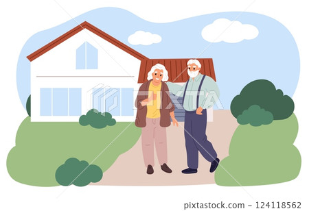 Joyful elderly couple outside their home. Happy grandparents. Senior couple standing in front of suburban house. Residential building. Real estate for retired people. Vector concept 124118562