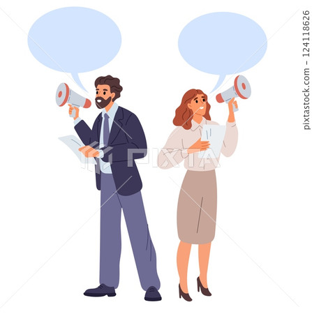 Man and woman with megaphone. People marketing and announcing news. Public speakers. Agitators shout into loudspeakers. Demonstration activist. Advertising promotion. Vector concept 124118626