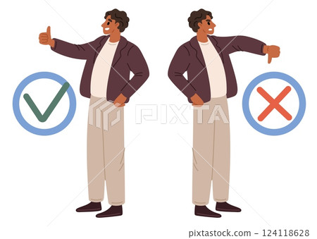 Man gives thumbs up or down. Hand gesture. Agree and disagree. Approve and reject. Vote choice. Positive or negative expression. Confirm finger. Correct and wrong answer. Vector concept Man gives thumbs up or down. Hand gesture. Agree and disagree. Approve and reject. Vote choice. Positive or negative expression. Confirm finger. Correct and wrong answer. Vector concept 124118628