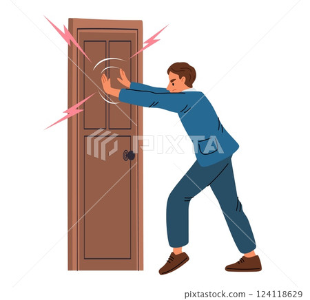 Man pushes closed door. Symbol of dead end. Guy pressing with force efforts. Strength action. Doorway slam. Person pulling doorknob. Pressure move to blocked entrance. Vector concept 124118629