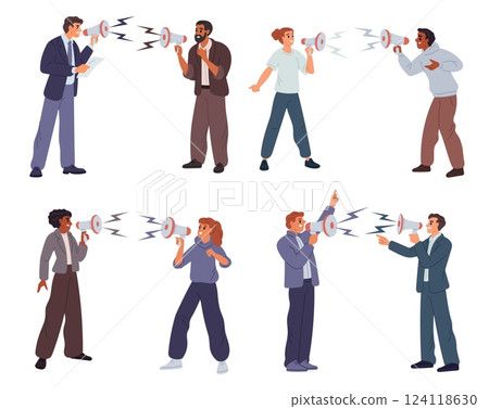 Men and women fight with each other using megaphone. Public speakers. Agitators shouting into loudspeakers. Demonstration activist. Promoters speech. Marketing challenge. Vector concept 124118630