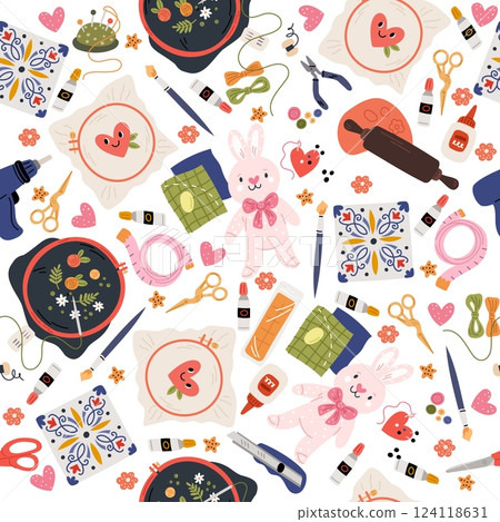 Needlework items. Creative craft hobby seamless pattern. Embroidery hoop. Needle and thread. Repeated print. Glue and scissors. Sewing handmade toy. Ceramics painting. Vector background 124118631