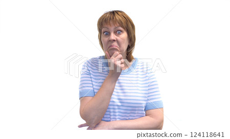 A young woman looks extremely surprised with wide eyes and a stunned expression. Isolated on a white background. 124118641