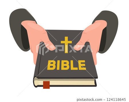 Priest holds bible in hands. Holy book giving to prayers. Jesus crucifix. Gospel reading. Pastors arms gesture. Christianity confession. Biblical literature. Vector religious concept 124118645