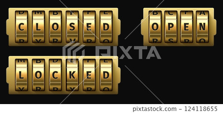 Realistic dial code lock with words closed and open. Golden rotating wheels. Codeword for safe protection. Metal letters. Locked strongbox. Passcode text. Vector spinning reel elements set 124118655
